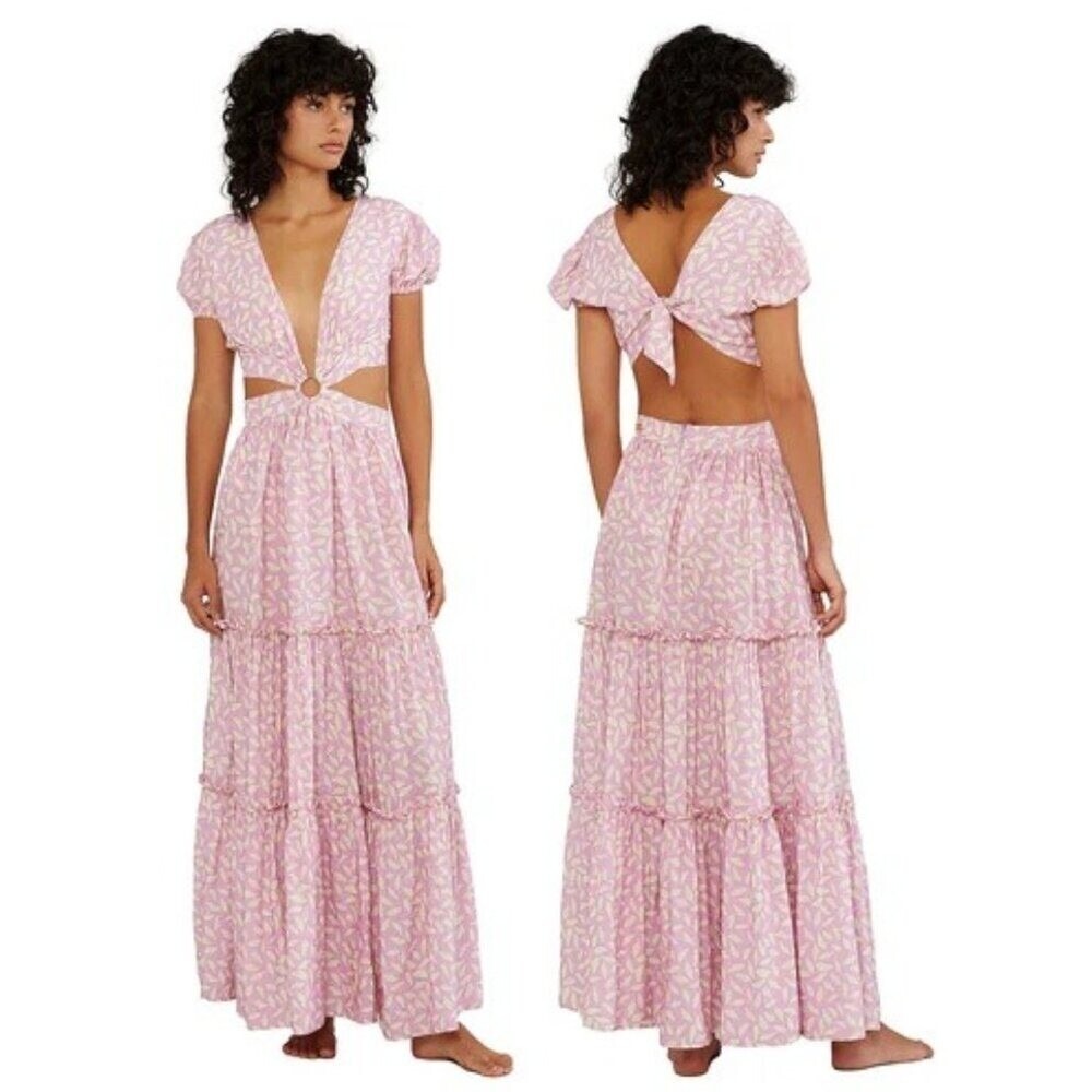 Anthropologie‎ Palmacea Swimwear Pink Printed Hoop Deep-V Maxi Dress S